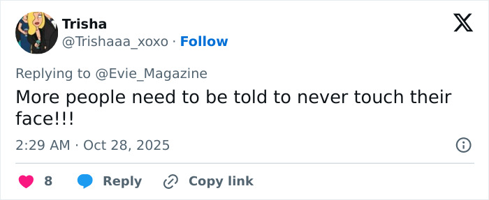 Tweet by user Trishaa urging people never to touch their face amid Sydney Sweeney plastic surgery rumors discussion. Tweet by user Trishaa urging people never to touch their face amid Sydney Sweeney plastic surgery rumors discussion.