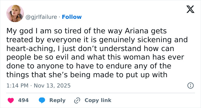 Tweet expressing concern over Ariana Grande's struggles and the harsh treatment she endures from others.