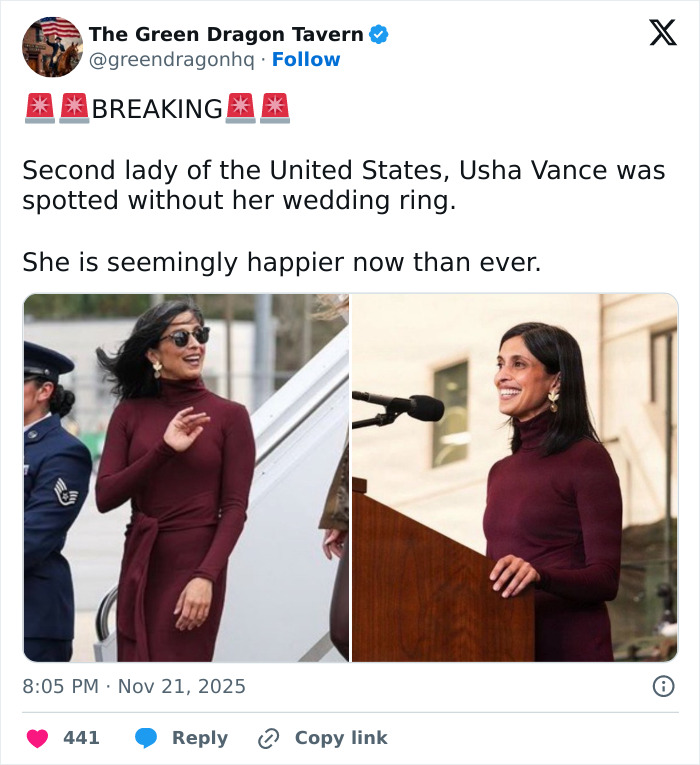 Usha Vance smiling and speaking at a podium in a burgundy dress amid public speculation about their marriage.