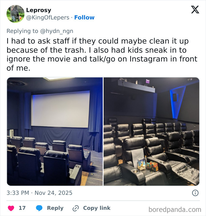 Small movie theater with black leather reclining seats and a plain screen, illustrating worst movie theaters experience.