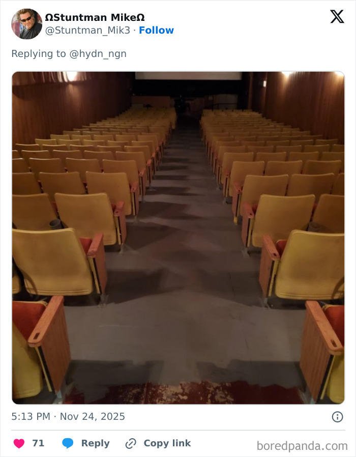Empty old movie theater with worn yellow seats and dim lighting illustrating worst movie theaters.