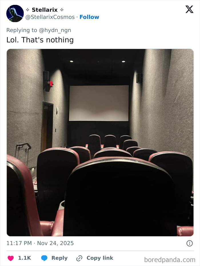 Small movie theater with limited seating and a narrow screen, illustrating worst movie theaters experiences shared by people.