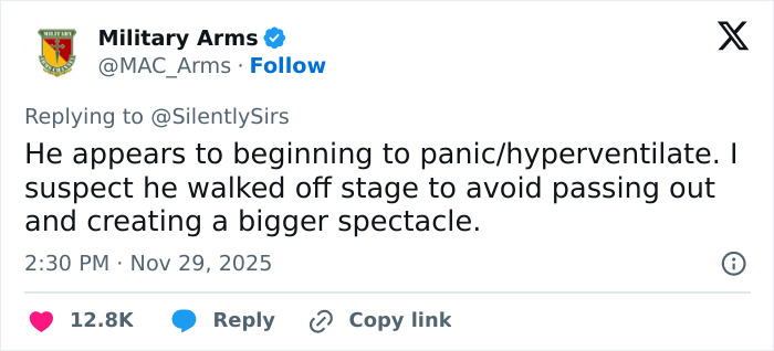 Tweet from Military Arms discussing a French soldier&rsquo;s odd behavior and abrupt exit behind Macron sparking conspiracy theories.