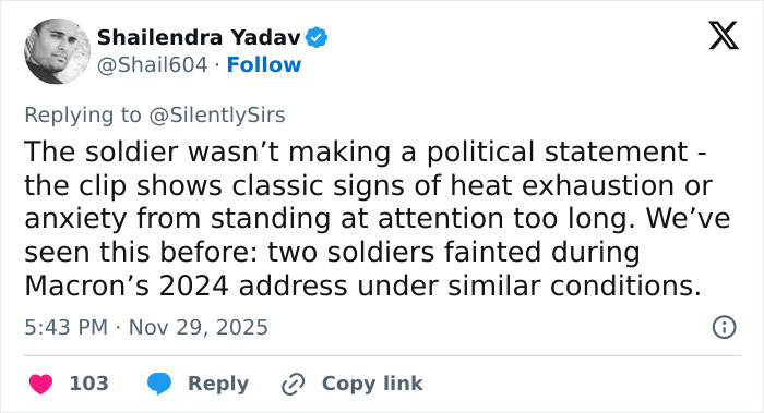 Screenshot of a Twitter post discussing French soldier's odd behavior behind Macron amid heat exhaustion concerns.