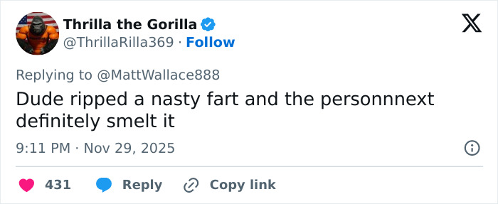 Tweet screenshot showing a humorous comment about someone ripping a nasty fart, sparking funny reactions on social media.