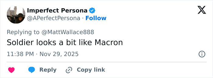 French soldier displaying odd behavior behind President Macron before abruptly leaving the stage during public event.