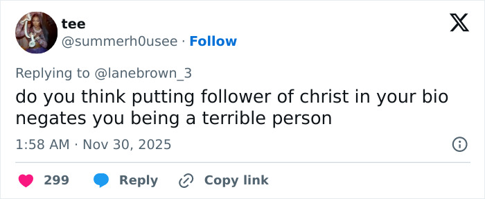 Tweet text discussing follower of Christ in bio, related to student anonymously exposes essay details on trans instructor removal.