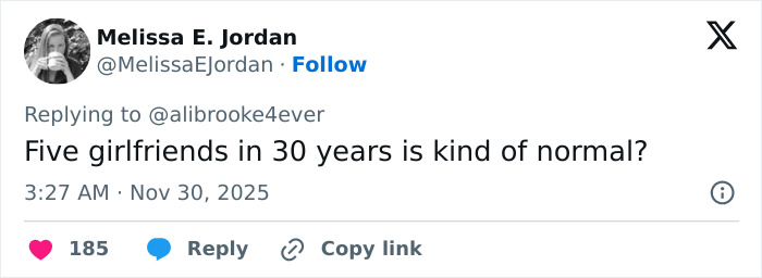 Tweet discussing Michael Sheen&rsquo;s dating history, questioning the normalcy of having five girlfriends in 30 years.