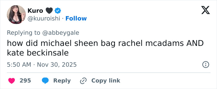 Tweet about Michael Sheen's dating history mentioning Rachel McAdams and Kate Beckinsale, surprising fans online.