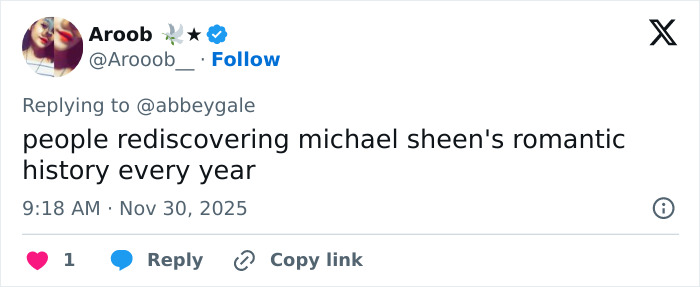 Tweet referencing Michael Sheen's dating history, highlighting fans rediscovering his romantic past every year.