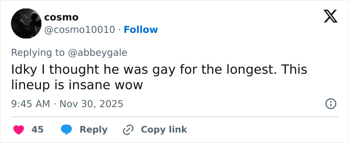 Tweet reacting to Michael Sheen&rsquo;s dating history, describing the lineup as insane and expressing surprise.