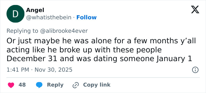 Tweet from user Angel discussing Michael Sheen&rsquo;s dating history and public reactions to his relationships timeline.