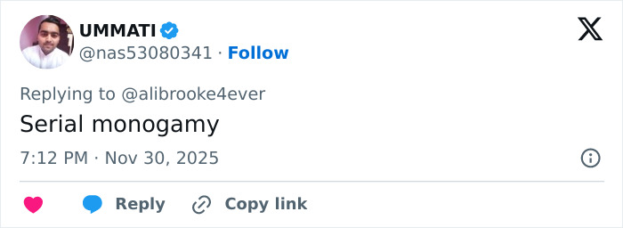 Tweet by user UMMATI replying to a comment with the phrase serial monogamy, related to Michael Sheen's dating history.