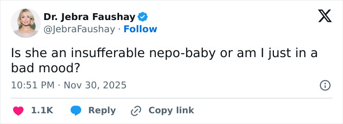 Screenshot of a tweet criticizing Apple Martin as an insufferable nepo-baby amid her self-portrait modeling campaign announcement.