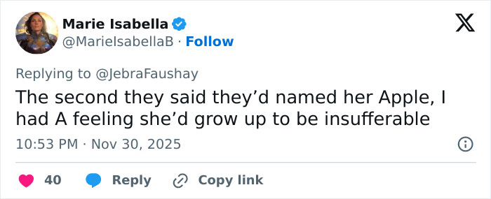 Tweet criticizing Apple Martin as insufferable nepo-baby after video announcing her self-portrait modeling campaign.