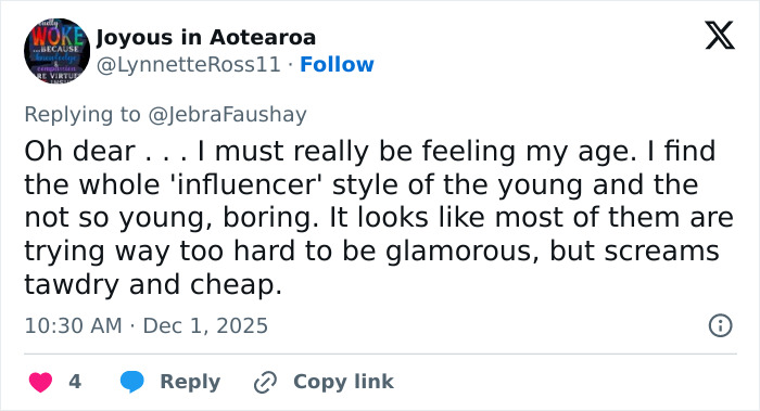 Tweet criticizing influencer style as tawdry and cheap, mentioning Apple Martin nepo-baby modeling campaign backlash.