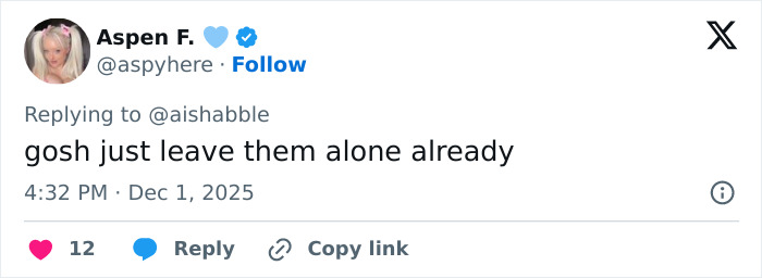 Tweet by Aspen F. urging people to leave Benny Blanco’s cold treatment of Selena Gomez alone in a viral discussion. Tweet by Aspen F. urging people to leave Benny Blanco’s cold treatment of Selena Gomez alone in a viral discussion.