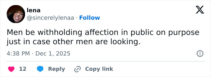 Tweet by user lena discussing men withholding affection in public, referencing Benny Blanco’s cold treatment of Selena Gomez in viral clip. Tweet by user lena discussing men withholding affection in public, referencing Benny Blanco’s cold treatment of Selena Gomez in viral clip.