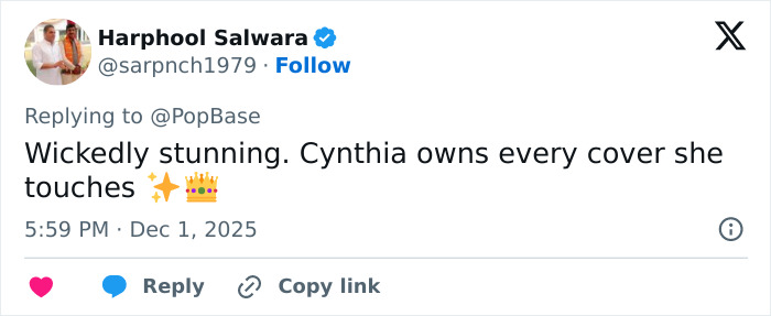 Tweet praising Cynthia Erivo’s new magazine cover amid Wicked For Good success with emojis highlighting her impact. Tweet praising Cynthia Erivo’s new magazine cover amid Wicked For Good success with emojis highlighting her impact.