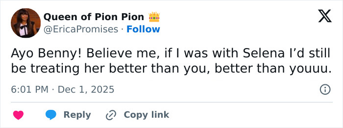 Tweet criticizing Benny Blanco’s cold treatment of Selena Gomez, expressing disappointment and support for Selena in a viral clip. Tweet criticizing Benny Blanco’s cold treatment of Selena Gomez, expressing disappointment and support for Selena in a viral clip.