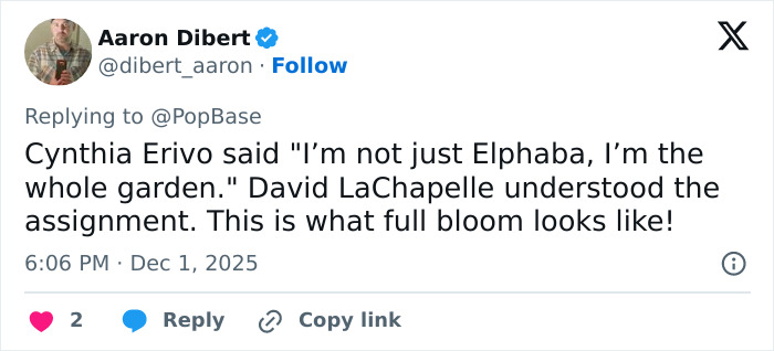 Tweet by Aaron Dibert discussing Cynthia Erivo’s impact and full bloom appearance amid Wicked For Good success. Tweet by Aaron Dibert discussing Cynthia Erivo’s impact and full bloom appearance amid Wicked For Good success.