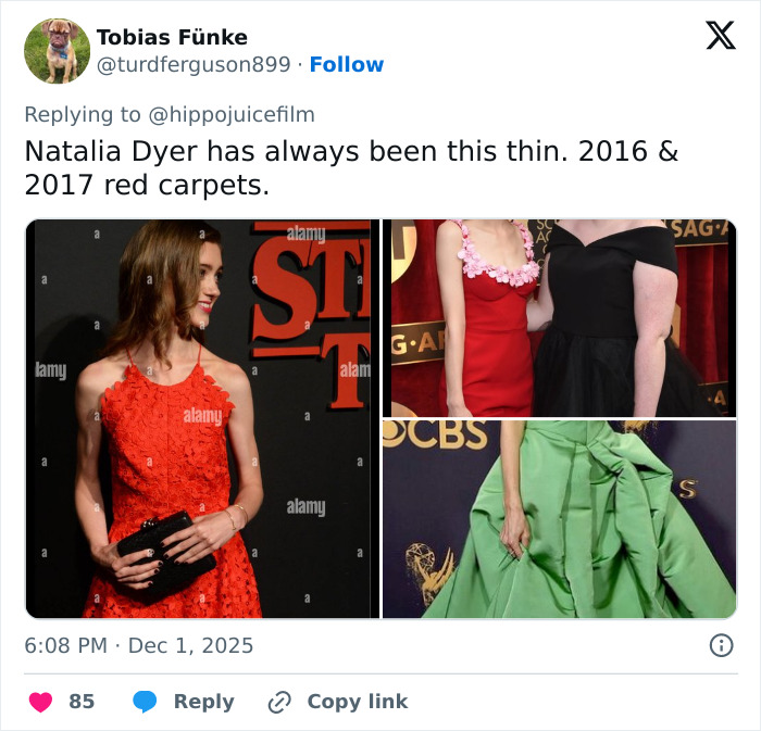 Stranger Things star Natalia Dyer appearing thin at red carpet events, sparking fan comparisons to Ariana Grande.