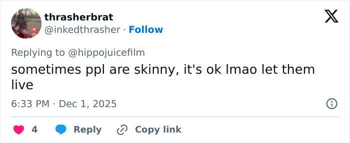 Tweet from user thrasherbrat discussing views on being skinny, related to fans worrying about Stranger Things star Natalia Dyer&rsquo;s appearance.