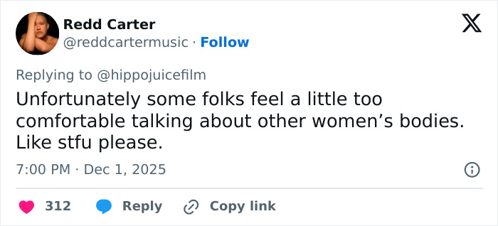 Tweet from user Redd Carter expressing frustration about comments on women's bodies, related to Stranger Things star Natalia Dyer appearance.