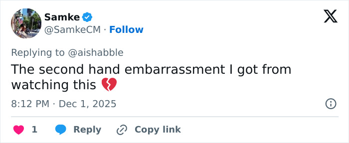 Tweet from user Samke expressing secondhand embarrassment over Benny Blanco's cold treatment of Selena Gomez in a viral clip. Tweet from user Samke expressing secondhand embarrassment over Benny Blanco's cold treatment of Selena Gomez in a viral clip.