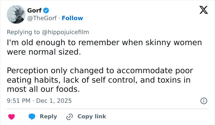 Tweet discussing changing perceptions of body size, referencing skinny women and concerns about eating habits and toxins.