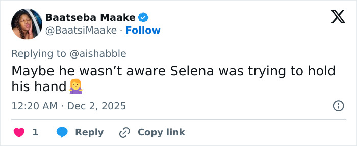 Twitter reply discussing Benny Blanco’s cold treatment of Selena Gomez in viral fan-dividing clip. Twitter reply discussing Benny Blanco’s cold treatment of Selena Gomez in viral fan-dividing clip.