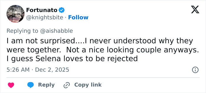 Alt text: Social media comment criticizing Benny Blanco’s cold treatment of Selena Gomez sparks divided fan reactions. Alt text: Social media comment criticizing Benny Blanco’s cold treatment of Selena Gomez sparks divided fan reactions.