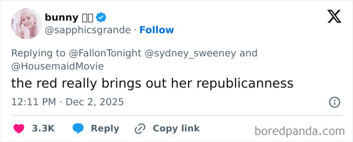 Tweet from user commenting on Sydney Sweeney&rsquo;s MAGA makeover, sparking online political and stylistic debate.