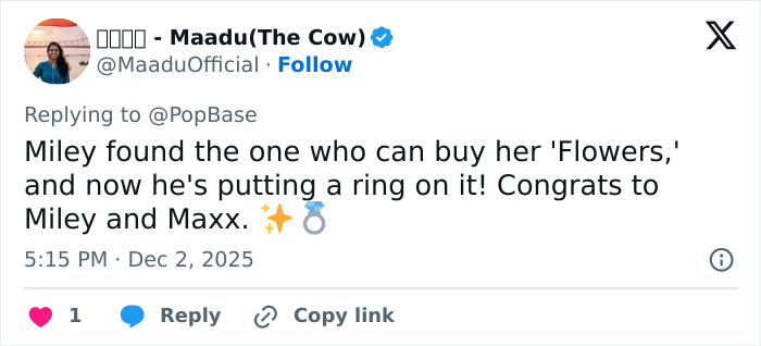 Social media post celebrating Miley Cyrus and Maxx Morando's engagement sparking mixed reactions about their age difference.