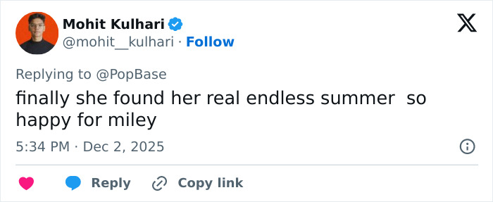 Tweet from Mohit Kulhari expressing happiness for Miley Cyrus's engagement with Maxx Morando amid mixed reactions.