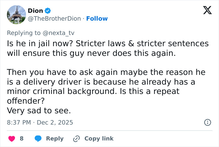 Tweet discussing stricter laws after CCTV footage shows delivery man randomly kicking woman’s head, labeling him a terrible psychopath. Tweet discussing stricter laws after CCTV footage shows delivery man randomly kicking woman’s head, labeling him a terrible psychopath.
