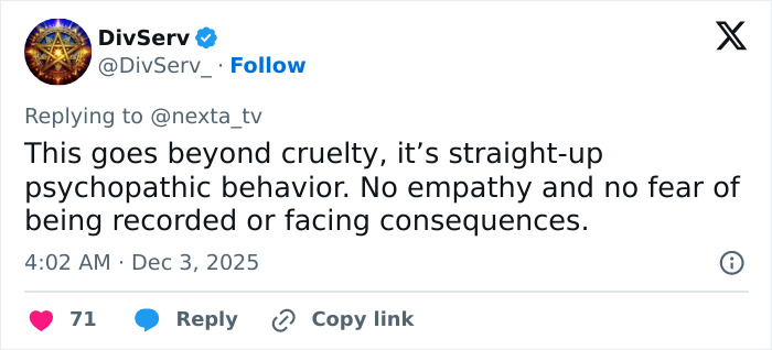 Tweet discussing a delivery man's psychopathic behavior caught on CCTV showing no empathy or fear of consequences. Tweet discussing a delivery man's psychopathic behavior caught on CCTV showing no empathy or fear of consequences.