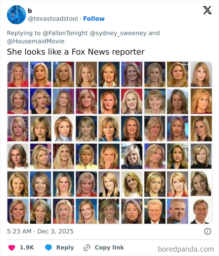 Collage of various Fox News reporters highlighting Sydney Sweeney&rsquo;s MAGA makeover sparking online showdown.