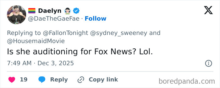 Screenshot of a tweet reacting to Sydney Sweeney&rsquo;s MAGA makeover, sparking an online showdown with stylist replies.