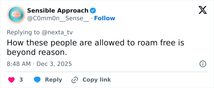Tweet from Sensible Approach expressing shock about people being allowed to roam free after CCTV footage catches delivery man kicking woman. Tweet from Sensible Approach expressing shock about people being allowed to roam free after CCTV footage catches delivery man kicking woman.