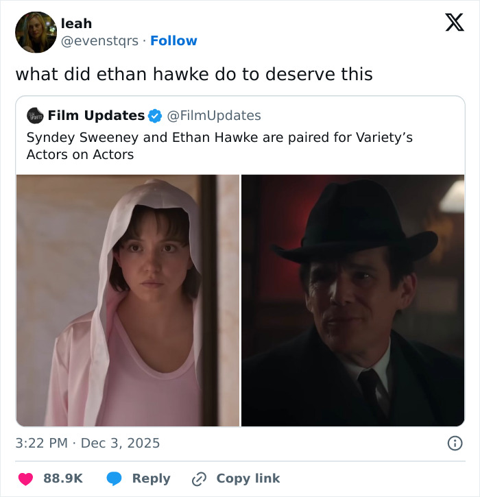 Sydney Sweeney and Ethan Hawke paired together in a scene sparking online discussion about their dynamic.
