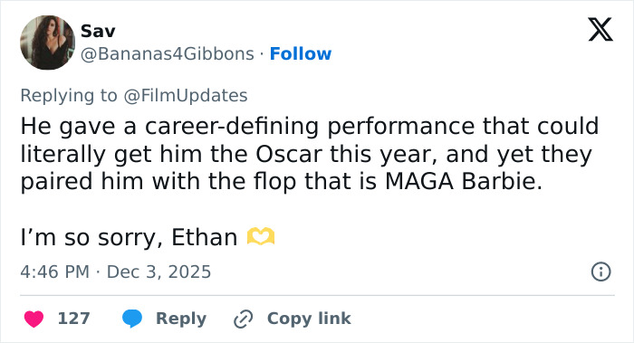 Twitter comment criticizing Ethan Hawke and Sydney Sweeney's pairing, sparking online firestorm and fan reactions.