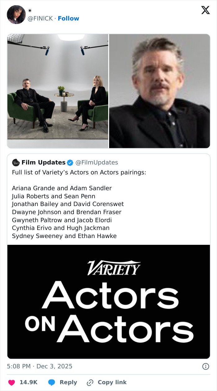Ethan Hawke and Sydney Sweeney seated in a studio setting during Variety&rsquo;s Actors on Actors interview series.