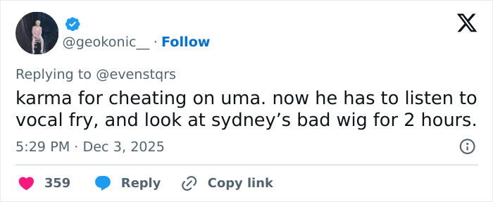 Screenshot of a tweet commenting on Ethan Hawke&rsquo;s pairing with Sydney Sweeney, sparking an online firestorm.