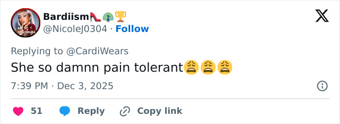 Social media user reacting to Cardi B&rsquo;s new neck and back piercings with comments about pain tolerance.