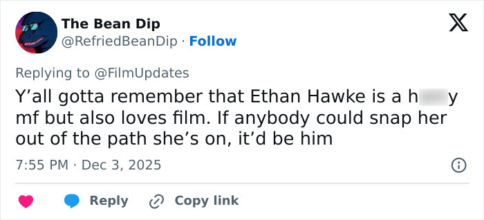 Tweet discussing Ethan Hawke&rsquo;s film passion and his impactful pairing with Sydney Sweeney sparking online debate.