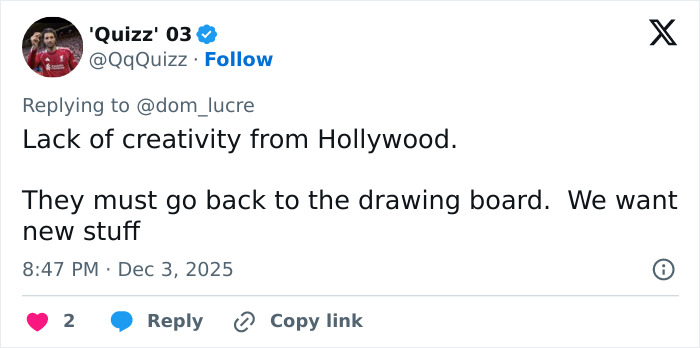 Screenshot of a tweet criticizing Hollywood's creativity amid Cynthia Erivo talks to play Lord Voldemort backlash.