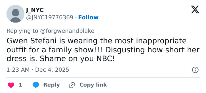 Social media post criticizing Gwen Stefani's inappropriate outfit at Rockefeller Tree Lighting event sparking public fury.