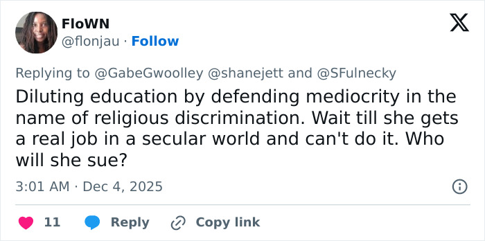 Tweet discussing education and religious discrimination in the context of a student exposing essay details about a trans instructor removal.