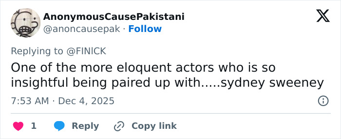 Tweet praising Ethan Hawke's pairing with Sydney Sweeney, sparking online discussion and firestorm.